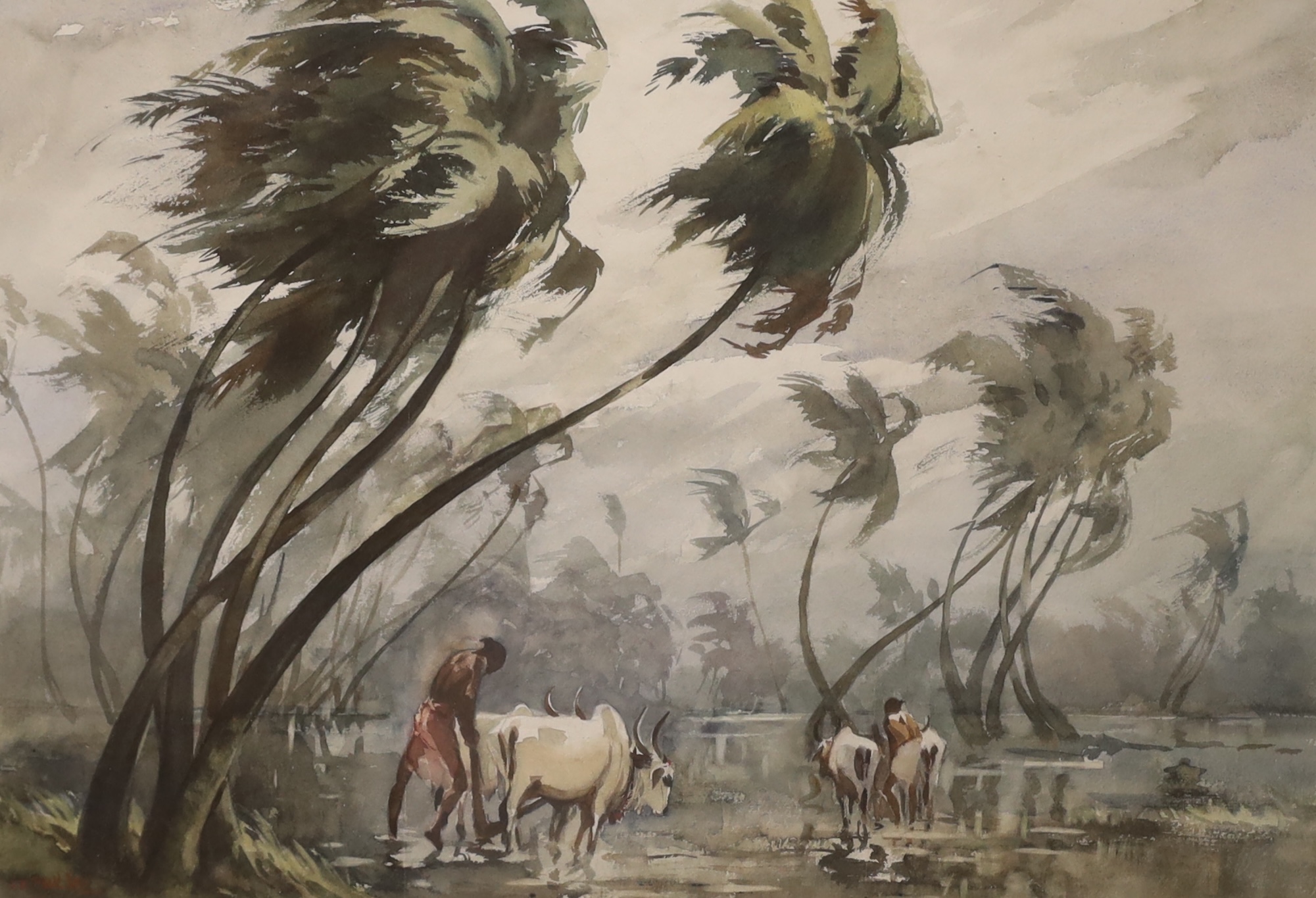 G.D. Paulraj (Indian, 1914-1989), watercolour, Buffalo drivers in a monsoon, signed, 36 x 51cm